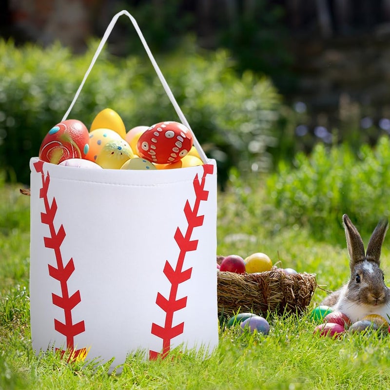 E-FirstFeeling Baseball Basket Easter Baskets Canvas Easter Egg Hunt Baskets Halloween Basket Trick or Treat Candy Bucket Tote for Halloween Easter (Baseball) - Image 5